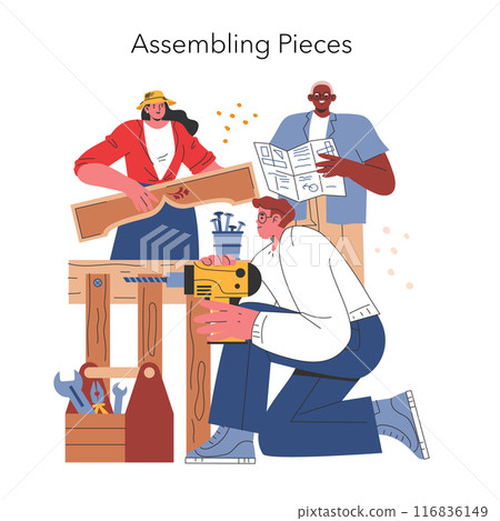 Woodworking DIY concept. Enthusiasts assembling furniture, following instructions, using tools. Creative home project team activity. Vector illustration. 116836149