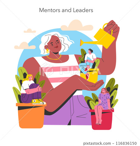 Empowerment concept. Illustration of an older woman nurturing young leaders, symbolizing guidance and support. Generational mentorship and growth. Vector illustration. 116836150