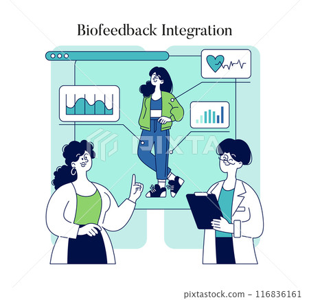 Biohacking concept. Scientists integrate biofeedback technology with human analysis. Innovation in personalized healthcare and self-improvement. Vector illustration. Biohacking concept. Scientists integrate biofeedback technology with human analysis. Innovation in personalized healthcare and self-improvement. Vector illustration. 116836161