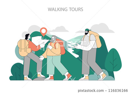 Walking Tours concept. Hikers with backpacks enjoy a scenic trail, using smartphone for navigation. Nature exploration and trekking adventure. Vector illustration. 116836166