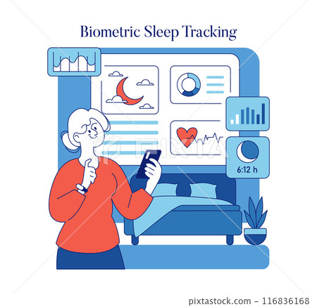 Nighttime Wellness concept. Woman monitors sleep patterns using biometric tracking app. Smart device integration for health. Vector illustration. 116836168