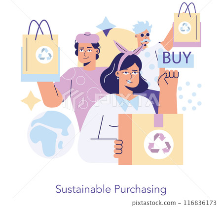 Sustainable Purchasing concept. People actively choosing eco-friendly products, promoting environmental responsibility. Conscious consumerism supporting planet health. Vector illustration. 116836173