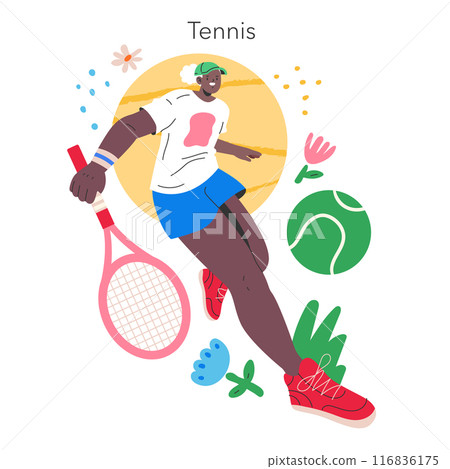 Summer Tennis Activity concept. Dynamic illustration of a player ready for a tennis match on a sunny day. Active lifestyle and outdoor sport. Vector illustration. 116836175