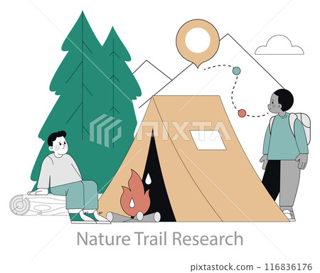 Camping research concept. Campers next to a tent and campfire preparing for a hike on a nature trail. Outdoor adventure planning. Vector illustration. 116836176