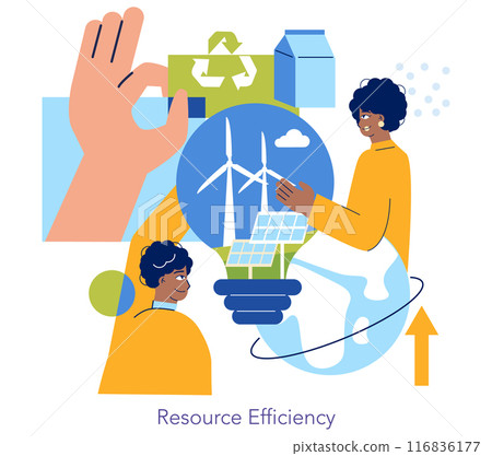 Circular Economy concept. Illustration showing sustainable resource use with recycling, renewable energy. Individuals engaging in eco-friendly practices. Vector illustration. Circular Economy concept. Illustration showing sustainable resource use with recycling, renewable energy. Individuals engaging in eco-friendly practices. Vector illustration. 116836177