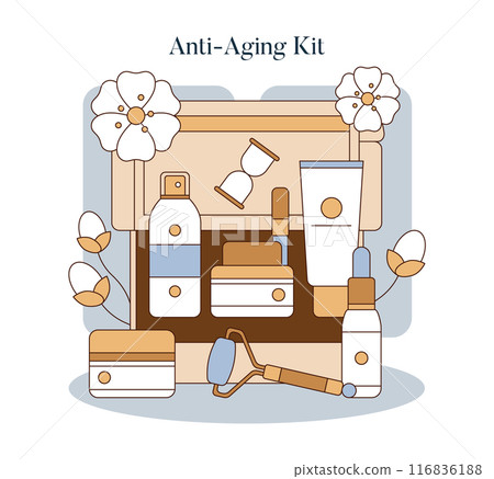 Skincare Toolbox concept. Essential anti-aging beauty products arranged neatly alongside white flowers. Complete facial care routine. Vector illustration. 116836188