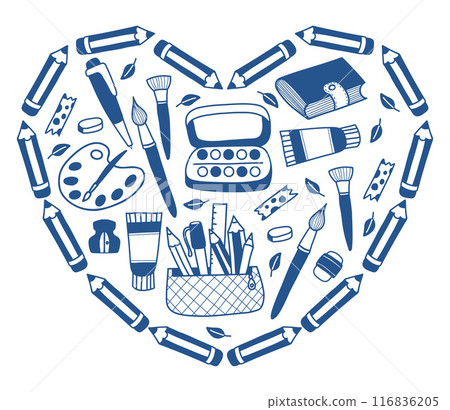 Frame of pencils in shape heart with stationery and art supplies, hobby items and autumn leaves. Back to school. Vector illustration in hand doodle style Frame of pencils in shape heart with stationery and art supplies, hobby items and autumn leaves. Back to school. Vector illustration in hand doodle style 116836205