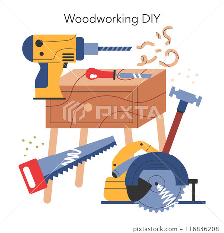Woodworking DIY concept. A creative portrayal of home carpentry showcasing tools and wood shavings. Crafting furniture with precision. Vector illustration. 116836208