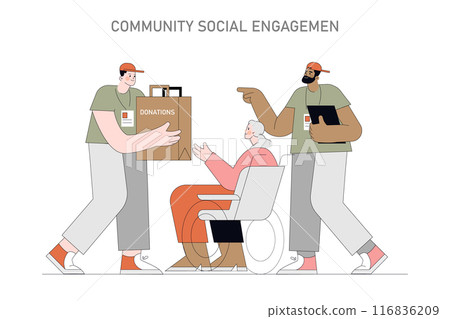Community social engagement concept. Volunteers providing donations to a happy elderly woman in a wheelchair. Supportive and charitable actions by youths. Vector illustration. 116836209