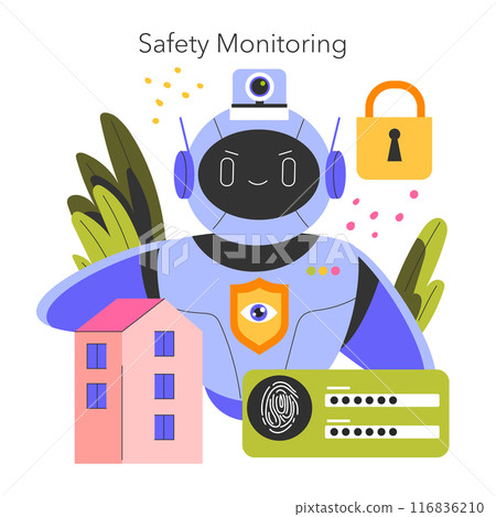 Robot Assistant concept. A friendly automaton ensuring home safety, with security cameras, fingerprint ID, and trusted lock systems. Vector illustration. 116836210