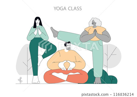 Yoga class concept. Individuals of diverse body types engaging in various yoga poses surrounded by peaceful nature elements. Serenity and inclusivity. Vector illustration. 116836214