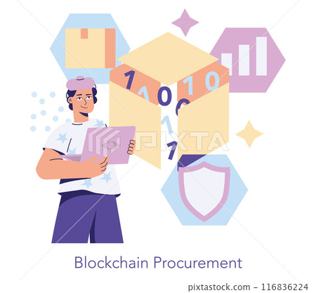 Blockchain Procurement concept. Innovative digital transaction management with secure data exchange. Streamlining purchasing via technology. Vector illustration. 116836224