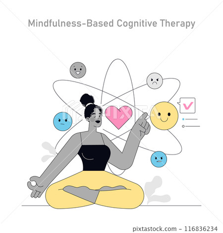 Mindfulness-Based Cognitive Therapy concept. Illustration depicting emotional regulation through therapy. Mental wellness practice, mood improvement technique. Vector illustration. Mindfulness-Based Cognitive Therapy concept. Illustration depicting emotional regulation through therapy. Mental wellness practice, mood improvement technique. Vector illustration. 116836234