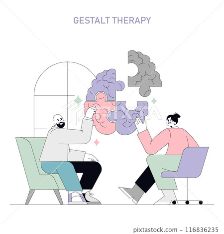 Gestalt therapy concept. Two individuals collaboratively connect puzzle pieces into the shape of a brain, symbolizing psychological integration. Vector illustration. Gestalt therapy concept. Two individuals collaboratively connect puzzle pieces into the shape of a brain, symbolizing psychological integration. Vector illustration. 116836235