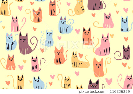 Cat Emotion seamless pattern. Happy kitty sad kitten angry pet . Cute kids fabric textile design. Cartoon line art character set vector illustration 116836239