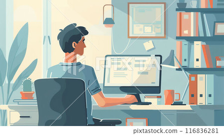 Good looking man working remote job from home. Cheerful freelancer working on laptop 116836281