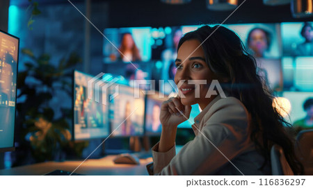 Young Happy Businesswoman Using Computer in Modern Office with Colleagues.  116836297