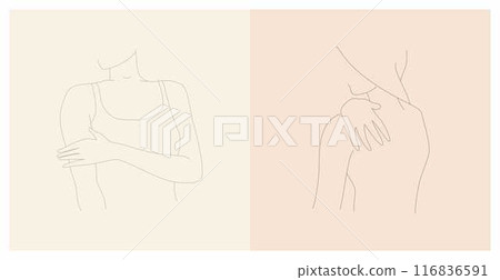 Arm touch. Two illustrations of a woman who gently touching her shoulder with her fingertips, applying body care products.  116836591