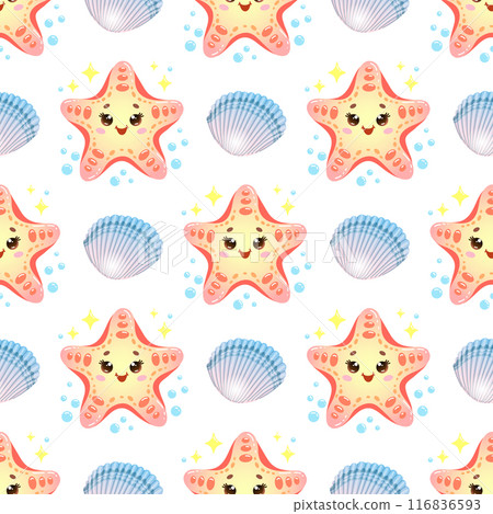Children's seamless pattern with cute smiling starfish with bubbles and shell on a white background. Vector illustration 116836593