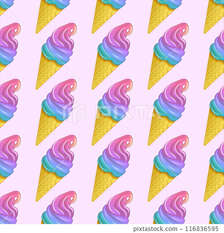 Vector seamless pattern of colorful ice cream cones on a pastel pink background. Vector seamless pattern of colorful ice cream cones on a pastel pink background. 116836595