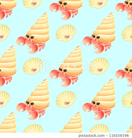 Children's seamless pattern with cute smiling hermit crab and pearl shell on light blue background. Vector illustration 116836596