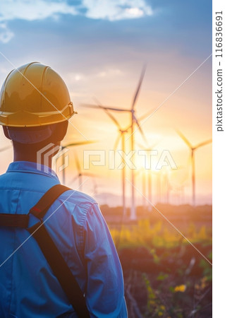 Engineer looking at wind turbines in countryside at sunset Engineer looking at wind turbines in countryside at sunset 116836691
