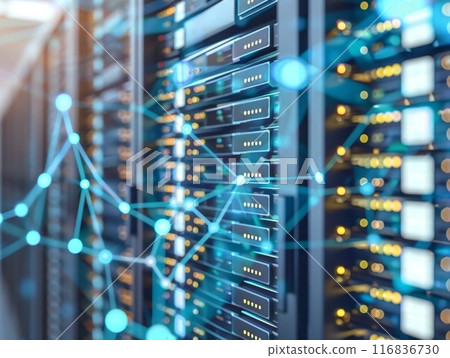 Network technology concept showing server racks and data connections 116836730