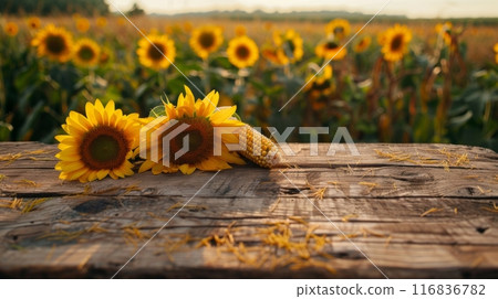 Sunflowers and a corn cob are resting on a rustic wooden table with a sunflower field in the background 116836782