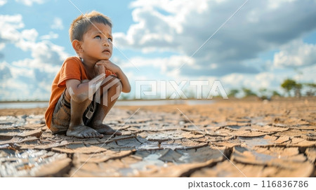 Worried young boy squats on the parched ground of a dried out lake bed 116836786
