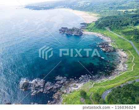 Aerial photography of Aomori Prefecture: Drone photographs Tanesashi Coast from above Nakasuka and Osuka Coast 116836824