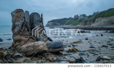 Vintage military combat boots rest on a beach with a blurred backdrop 116837013