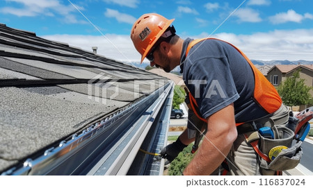 Construction worker in hardhat and safety vest installing rain gutter system on residential house roof 116837024
