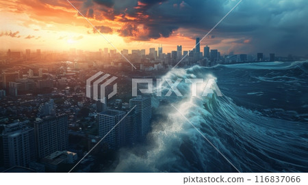 Gigantic wave caused by an earthquake is flooding a metropolis at sunset 116837066