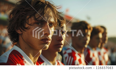 Team of young footballers in red and white uniforms observing a match at the stadium Team of young footballers in red and white uniforms observing a match at the stadium 116837083