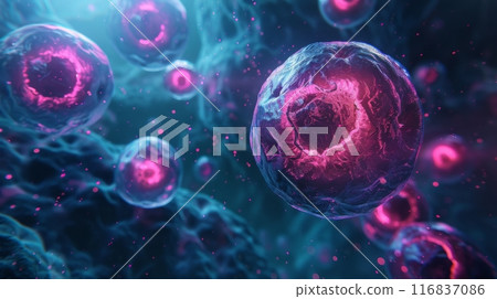 3d rendering of human cells dividing and multiplying in a chaotic biological environment 3d rendering of human cells dividing and multiplying in a chaotic biological environment 116837086