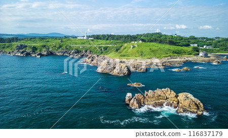 航拍「青森郡」 使用無人機從海邊航拍小船渡平海岸附近的種差海岸 航拍「青森郡」 使用無人機從海邊航拍小船渡平海岸附近的種差海岸 116837179