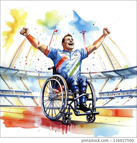 Man in a Wheelchair Joyfully Raising his Arms in Celebration. Participation in Disabled Sports, Conveying Sense of Victory and Freedom. High quality illustration 116837500