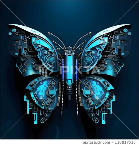 Futuristic Butterfly of Mechanical Parts on Dark Blue Background. Neon Butterfly Evolution. Cybernetic Wings. Technological Innovation. High quality photo Futuristic Butterfly of Mechanical Parts on Dark Blue Background. Neon Butterfly Evolution. Cybernetic Wings. Technological Innovation. High quality photo 116837535