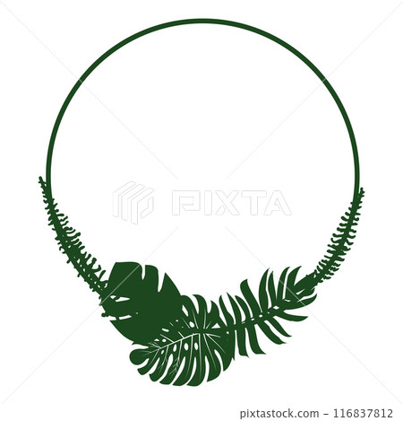 Green Circular Frame Design with Tropical Leaves. Elegant Botany Border with Exotic Leaves for Invitation, Wedding Cards. Vector illustration 116837812