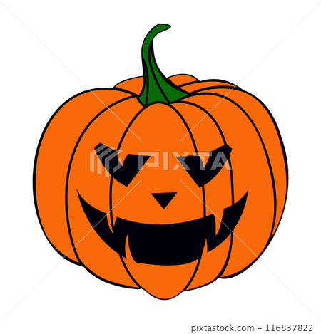 Spooky Pumpkin Halloween Face. Cute and Fun Holiday Autumn Decoration. Evil Jack o lantern Cartoon Character. . Vector illustration 116837822