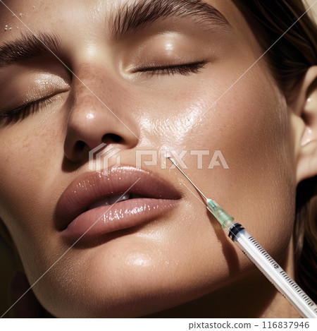 beautiful young woman face with syringe being used beautiful young woman face with syringe being used 116837946