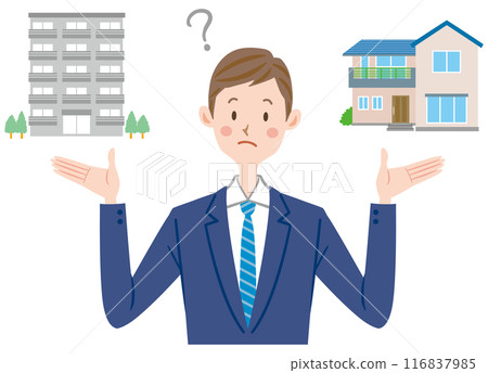 Illustration of a man wondering whether to buy or rent a house or apartment 116837985