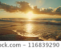 Golden sunrise reflecting on gentle ocean waves 116839290