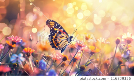 Butterfly on Wildflower in Radiant Spring Meadow Butterfly on Wildflower in Radiant Spring Meadow 116839336