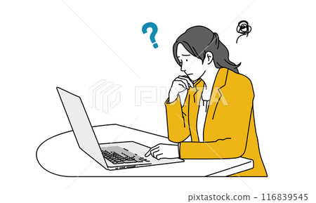 A simple illustration of a female employee thinking in front of a computer 116839545