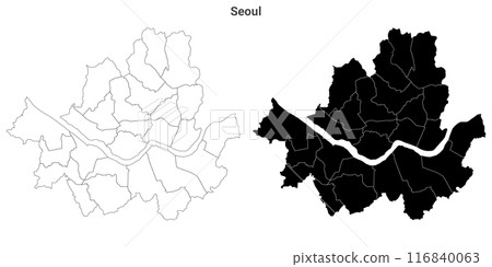 set of 2 political maps of Seoul City,  South Korea with regions isolated on white background. Seoul City map with districts 116840063