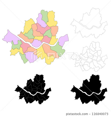 set of 2 political maps of Seoul City,  South Korea with regions isolated on white background. Seoul City map with districts 116840073