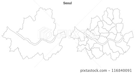 set of 2 political maps of Seoul City,  South Korea with regions isolated on white background. Seoul City map with districts 116840091