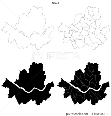 set of 2 political maps of Seoul City,  South Korea with regions isolated on white background. Seoul City map with districts 116840092