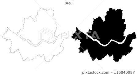 set of 2 political maps of Seoul City,  South Korea with regions isolated on white background. Seoul City map with districts 116840097